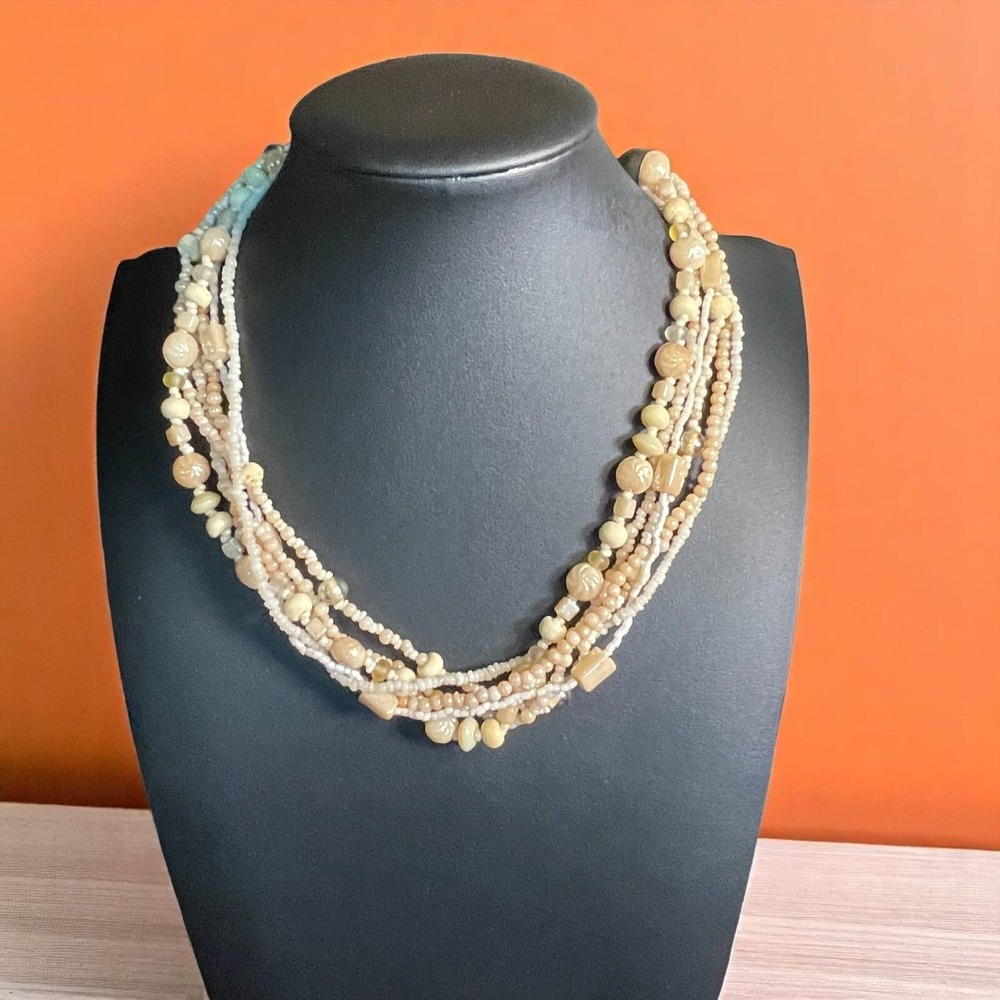 Multi Strand Carved Shell Bead Necklace Boho‎ Beach Layered Cream Chunky Beads